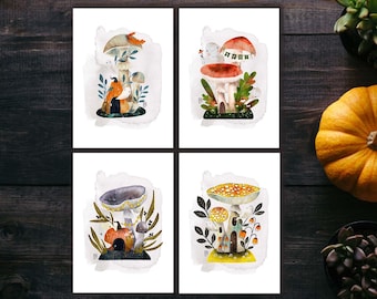 Ghostly Mushroom House Postcard Set, Cute Postcard Print For Postcrossing, Halloween Penpal Postcard, Fall Mushroom House Postcards. AC-225