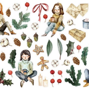 Pegatinas del planificador de chicas acogedoras de acuarela, pegatinas del planificador de elementos navideños acogedores, pegatinas del diario de balas de personas de invierno, pegatinas de chicas. X-171