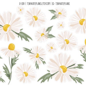 Stickers marguerites, petits autocollants floraux, autocollants botaniques, autocollants Bullet Journal fleurs blanches. J-114