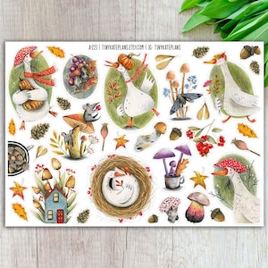 May include: A set of 16 illustrated stickers featuring various woodland creatures, including geese, mushrooms, acorns, and a mouse. The stickers are printed on white paper with a glossy finish. The text "A-221 TINYKATEPLANS.ETSY.COM | IG: TINYKATEPLANS" is printed at the top of the sheet.