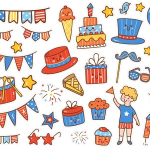 Stickers 4 juillet kawaii, stickers été, stickers fête de l'indépendance, stickers Bujo 4 juillet. J-203