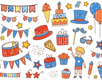 Kawaii 4th Of July Planner Stickers, Summer Planner Stickers, Independence Day Planner Stickers, 4th Of July Bujo Stickers. J-203