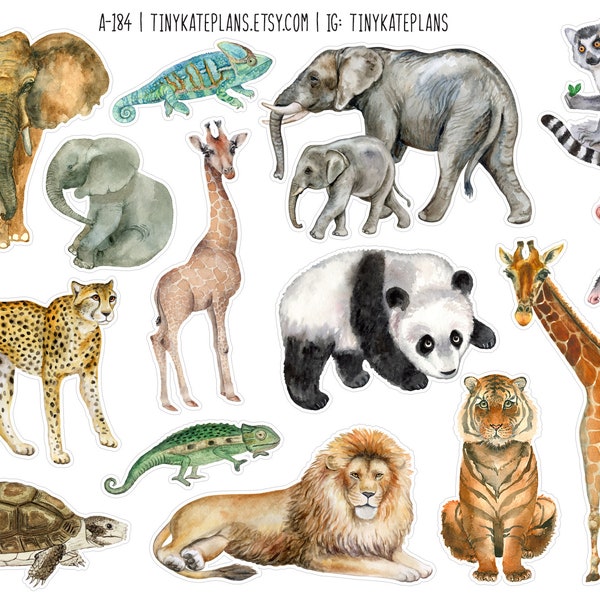 Watercolor Safari Animal Mix Planner Stickers, Safari Animal Planner Stickers, Tiger, Monkey, Panda, Elephant Stickers, Bujo Stickers. A-184