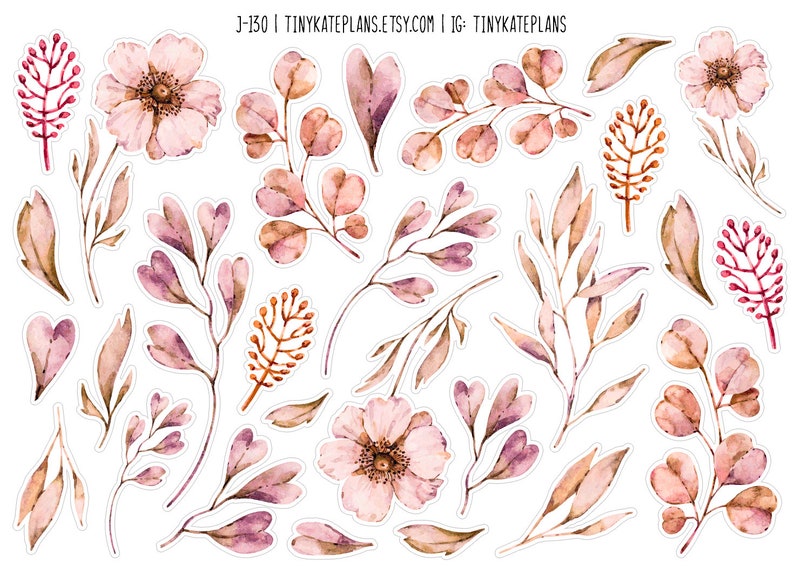 Aged Pink Floral Stickers, Pink Flower Penpal Stickers, Botanical Planner Stickers, Pink Flower Bullet Journal Stickers, Aged Florals. J-130 image 1