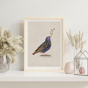 European Starling Bird Art Print, Cute Black Bird Art Print, Bird Art Print, Starling Illustration Print, Starling Art Wall Decor. AP-130
