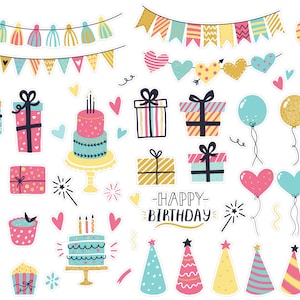 Plannerstickers verjaardagselementen, kleine verjaardagsplannerstickers, plannerstickers feest, ballonnen Bujo-stickers. L-148.