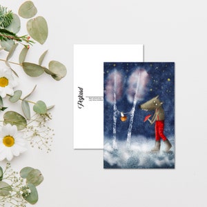 Cartolina di lupo di Natale dell'acquerello, stampa di cartoline di animali per postcrossing, cartolina di penna di lupo, cartoline di animali della foresta stravagante. AC-111