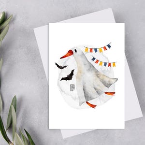 Cartolina fantasma di Halloween con oca, stampa di cartoline con animali per postcrossing, cartolina con amico di penna con oca, cartoline con animali da fattoria. AC-177