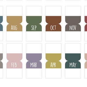 May include: A set of twelve printable calendar month tabs with a different color for each month. The months are labeled with the abbreviations: Jul, Aug, Sep, Oct, Nov, Dec, Jan, Feb, Mar, Apr, May, Jun.