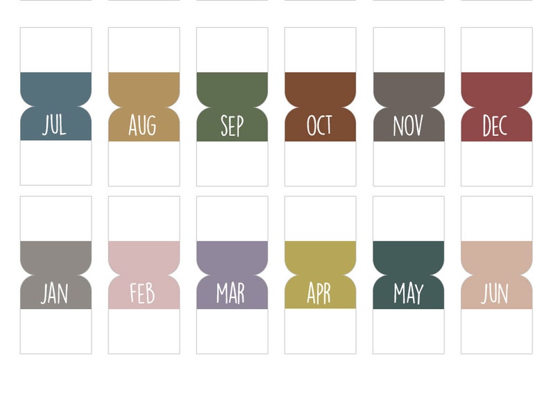 May include: A set of twelve printable calendar month tabs with a different color for each month. The months are labeled with the abbreviations: Jul, Aug, Sep, Oct, Nov, Dec, Jan, Feb, Mar, Apr, May, Jun.