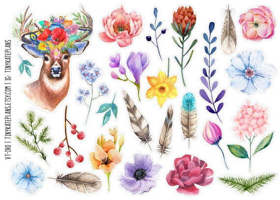 Boho Deer With Flowers Stickers for Junk Journals, Vintage Floral