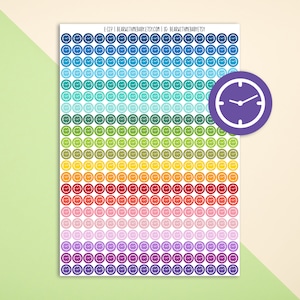 May include: A sheet of 122 colorful clock stickers. The stickers are arranged in rows of 11, with each row featuring a different color. The colors range from blue to purple, with shades of green, yellow, orange, and red in between. The stickers are all the same size and shape, and they feature a simple clock face design.
