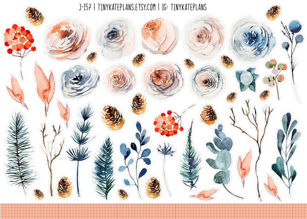 Pink & Blue Watercolor Flower Planner Sticker, Tiny Floral Planner ...