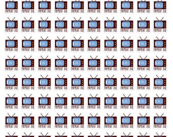May include: A sheet of 60 stickers featuring a retro television with the text "Cable Payment Due" in white on a dark red background. The television is outlined in white and has a blue screen.