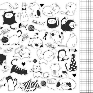 Cute Black & White Doodle Cat Planner Stickers, Cat Lover Planner Stickers, Bullet Journal Stickers, Funny Cats Bujo Stickers. A-137