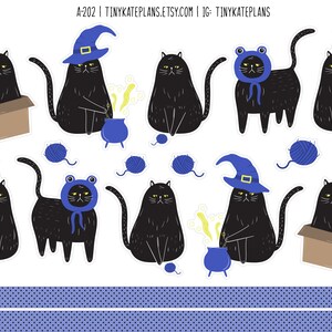 May include: A set of ten black cat stickers with different Halloween costumes and accessories. The stickers include a cat wearing a witch's hat, a cat wearing a frog costume, a cat wearing a party hat, a cat holding a cauldron, and a cat sitting in a box. The stickers are perfect for adding a touch of Halloween fun to your planner, laptop, or water bottle.