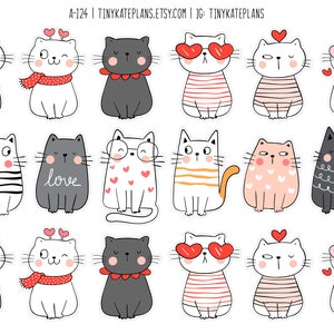 Autocollants mignons et adorables chats, autocollants Saint-Valentin, autocollants chat, autocollants Bullet Journal, autocollants Bujo drôles de chats. A-124.