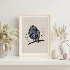 European Starling Bird Art Print, Cute Black Bird Art Print, Bird Art Print, Starling Illustration Print, Starling Art Wall Decor. AP-130