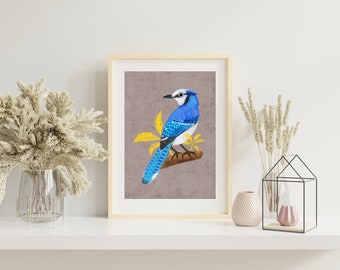 Blue Jay Bird Art Print, Cute Blue Bird Art Print, Colorful Bird Art Print, Blue Jay Illustration Print, Blue Jay Art Wall Decor. AP-121