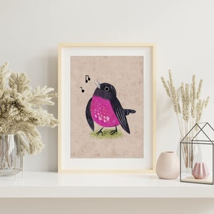 Pink Robin Art Print, Cute Pink Bird Art Print, Colorful Bird Art Print, Pink Robin Illustration Print, Pink Robin Art Wall Decor. AP-110