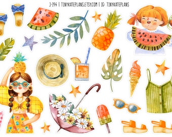 Watercolor Summer Beach Sea Vacation Planner Stickers, Summer Planner Stickers, Summer Monthly Stickers, Summer Bujo Stickers. J-194