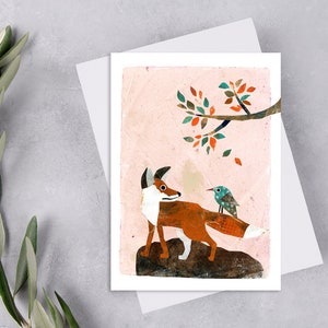 Fox And A Bird Postcard, Animal Postcard Print For Postcrossing, Fox Penpal Postcard, Cute Orange Fox & Bird Art Print. AC-174