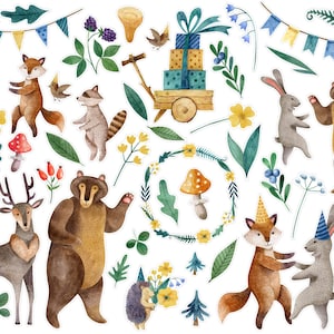 Watercolor Forest Friends Birthday Planner Stickers, Fores Animal Tiny Planner Stickers, Monthly Stickers, Forest Animal Bjo Stickers. A-187