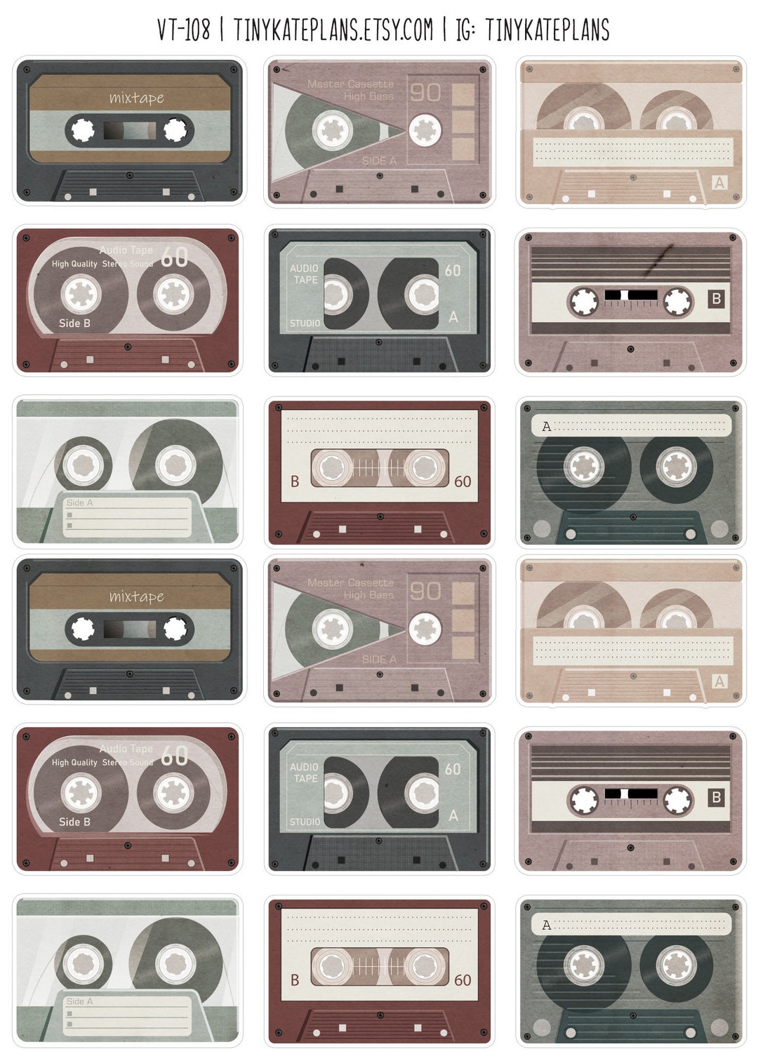18 Vintage Cassette Tapes Stickers for Junk Journals Vintage - Etsy