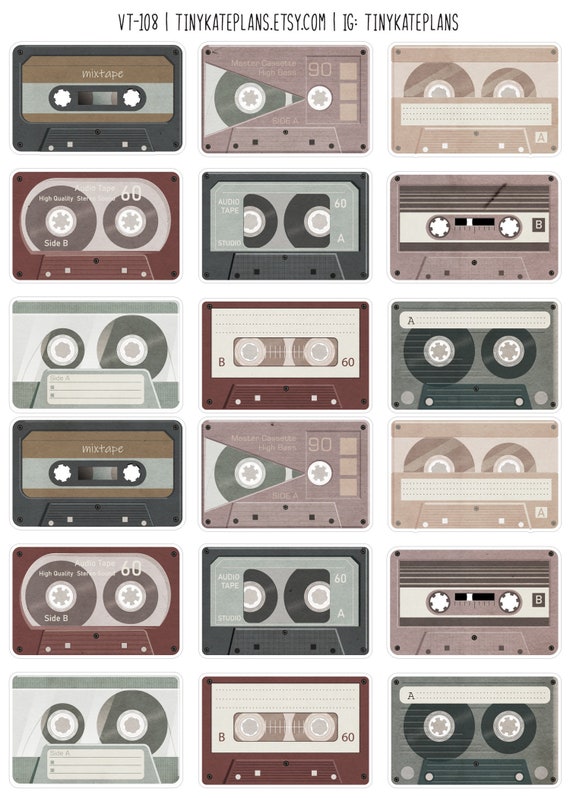 18 Vintage Cassette Tapes Stickers for Junk Journals, Vintage