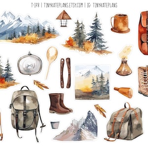 Senderismo hacia las pegatinas del planificador de otoño, pequeñas pegatinas del planificador boho, pegatinas de aventuras en acuarela, pegatinas del diario de balas del bosque, amigo por correspondencia. T-178