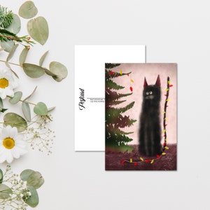 Carte postale aquarelle chat de Noël avec un arbre, impression de carte postale d'hiver pour Postcrossing, carte postale de correspondance fantaisiste de chat de Noël. AC-107