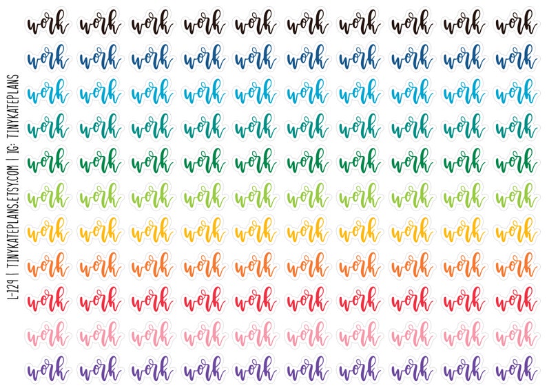 K&ouml;nnte beinhalten: Eine Bogen mit regenbogenfarbenen Aufklebern mit dem Wort "Arbeit" in handschriftlicher Schrift. Die Aufkleber sind in Reihen von zehn angeordnet.