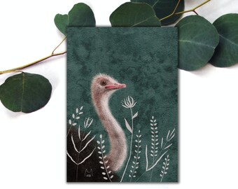 Ostrich Postcard, Bird Postcrossing Postcard, Bird Penpal Postcard, Forest Animal Postcard, Bird of Prey Bird Art Print. BPC-106