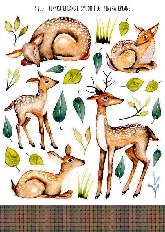 Watercolor Deer Planner Stickers, Cute Animal Stickers, Animal