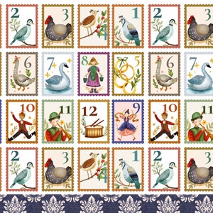 May include: A set of 12 illustrated Christmas stamps featuring a variety of winter scenes, including birds, a goose, a swan, a girl carrying buckets, a drummer, a trumpeter, and a dancing girl. The stamps are numbered 1 through 12.