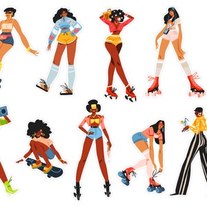 May include: A set of ten colorful stickers featuring illustrations of women roller skating and skateboarding. The stickers are on a white background and feature a variety of clothing styles and accessories.