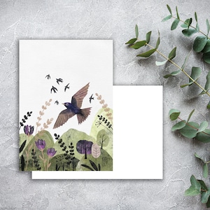 Cartolina di inizio primavera di Purple Martin, cartoline di uccelli stravaganti, cartolina di uccelli viola carini, cartolina di uccelli Martin, cartolina di uccelli primaverili. AC-102