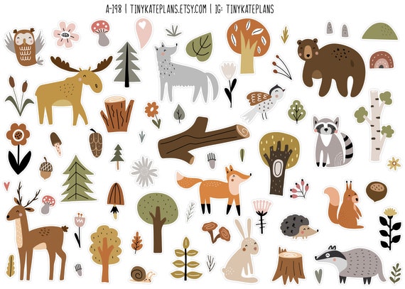 Woodland Animals Planner Stickers, Tiny Forest Animal Stickers, Forest Animal Scrapbooking Stickers, Forest Animal Bujo Stickers. A-198