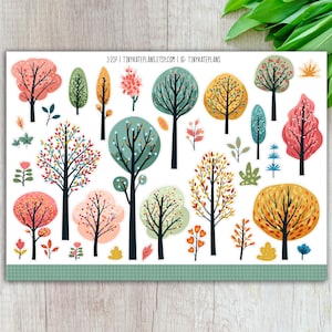 May include: A sheet of colorful tree stickers in various shapes and sizes. The trees feature shades of pink, green, yellow, and orange, with black trunks and branches. Some stickers include small leaves and flowers. The text "TinyKatePlans.etsy.com" is visible.