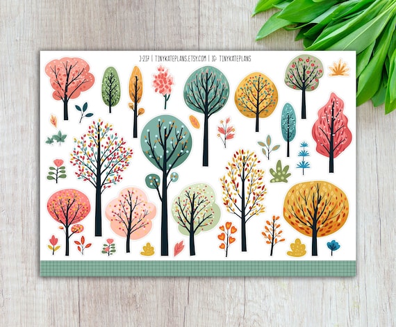 Colorful Trees Planner Stickers, Spring Tree Stickers, Spring Fall Planner Stickers, Spring Tree Bullet Journal Sticker. J-217