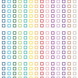 May include: Sheets of colourful square stickers in various shades, including blue, green, yellow, orange, red, pink, purple, and brown. Each sticker has a white border and is arranged in rows and columns. The text "E-242 | TINYKATEPLANS.ETSY.COM | IG: TINYKATEPLANS" is at the top.