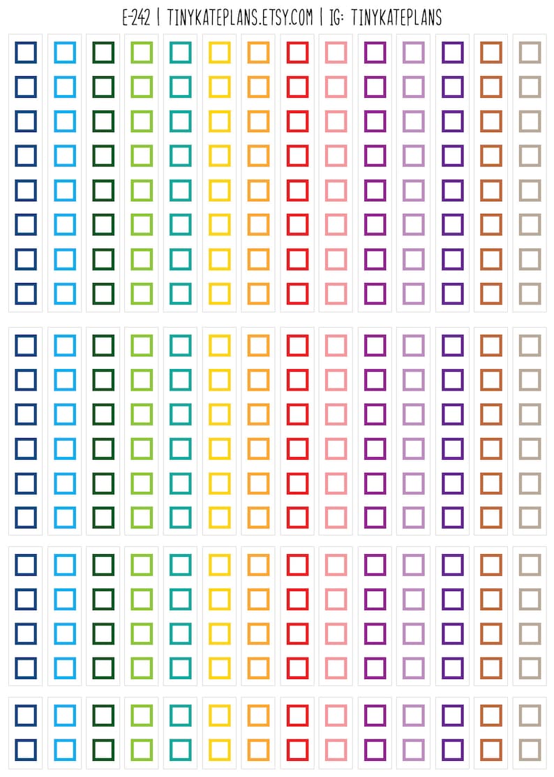 May include: Sheets of colourful square stickers in various shades, including blue, green, yellow, orange, red, pink, purple, and brown. Each sticker has a white border and is arranged in rows and columns. The text "E-242 | TINYKATEPLANS.ETSY.COM | IG: TINYKATEPLANS" is at the top.