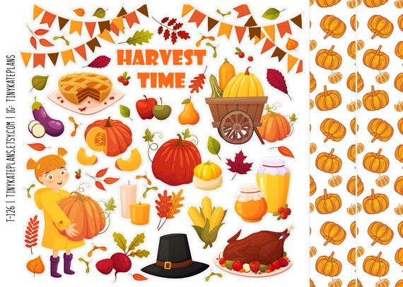 Fall Harvest Time Planner Stickers, Pumpkin Planner Stickers, Monthly Cozy Fall Stickers, Fall Bullet Journal Planner Stickers. T-126.