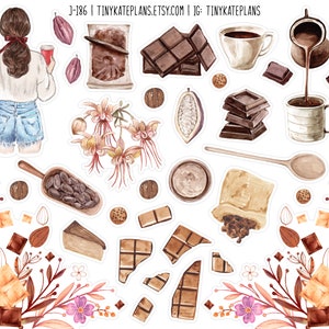 Aquarel chocolade & koffie planner stickers, koffie planner stickers, snoep stickers, taart stickers, koffie Bujo planner stickers. J-195