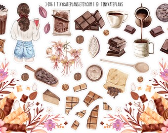 Watercolor Chocolate & Coffee Planner Stickers, Coffee Planner Stickers, Candy Stickers, Cake Stickers, Coffee Bujo Planner Stickers. J-195