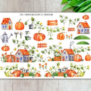 May include: Watercolor sticker sheet featuring autumn-themed illustrations. Includes orange pumpkins, small houses with orange roofs, gardening tools, and decorative elements. The text "T-204 | TINYKATEPLANS.ETSY.COM | IG: TINYKATEPLANS" is visible.