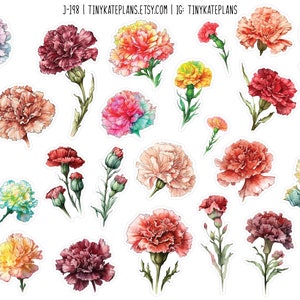 Pegatinas del planificador de flores de clavel, pequeñas pegatinas del planificador floral, pegatinas del planificador botánico, pegatinas del planificador del diario de balas de flores. J-198