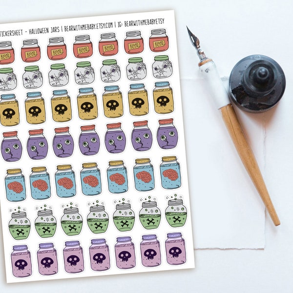 42 Halloween Jar Planner Stickers, Halloween Bujo Stickers, Manson Jar Stickers, Brain Sticker, Eyes  Sticker, Poison Sticker. H-114