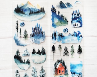 Watercolor Winter Forest PET Tape Sample, Tiny Clear Mountain Stickers, Forest Tree Scrapbooking Stickers, Winter Forest Bujo Stickers.