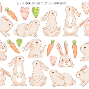May include: A set of 16 digital clipart images featuring cute cartoon bunnies in various poses, including sitting, standing, and hopping. The images also include hearts and carrots, perfect for Easter crafts and projects.